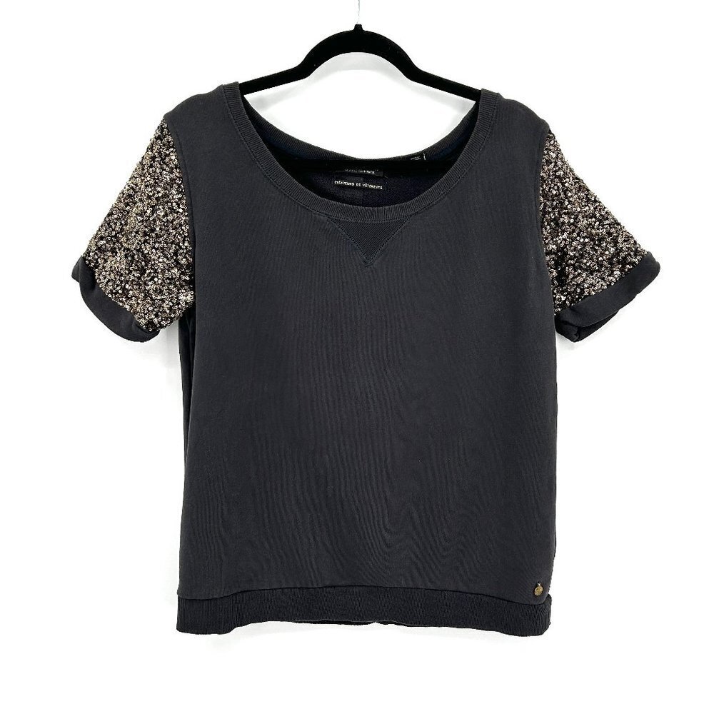 Scotch & Soda Black Sweatshirt with Metallic Speckled Short Sleeves